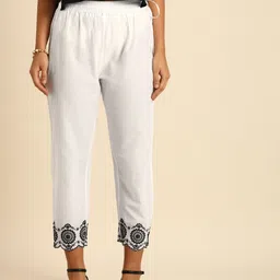 Varanga Women White Regular Fit Solid Cigarette Trousers with Embroidery-image-33