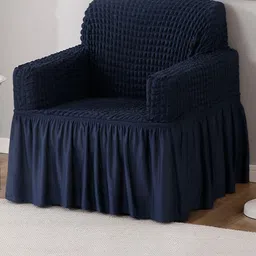 HOKIPO Navy Blue Stretchable Bubble Frill Sofa Cover With Arms-image-28