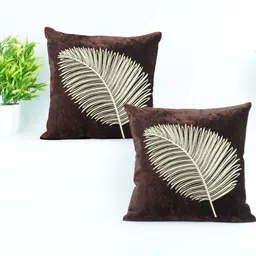 Decoghar Brown & Gold Toned 2 Pieces Embroidered Floral Square Cushion Covers-23