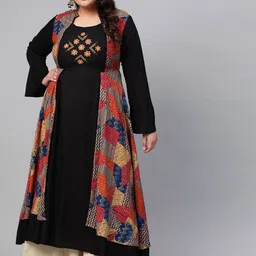 YASH GALLERY Plus Size Women Black & Red Printed Layered A-Line Kurta-picture-1