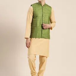 SOJANYA Men Beige & Green Solid Kurta & Churidar with Checked Nehru Jacket-12