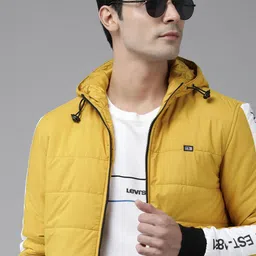 Arrow Men Yellow Solid Hooded Puffer Jacket with Striped & Printed Sleeves-picture-26