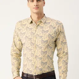 SOJANYA Men Cream-Coloured & Navy Blue Regular Fit Tropical Print Formal Shirt-9