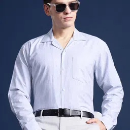 Hancock Men Self Design Striped Pure Cotton Cuban Collar Formal Shirt-image-9