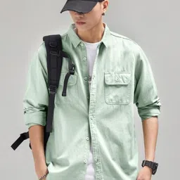 KPOP Men Original Fit Solid Spread Collar Cotton Casual Shirt-image-38