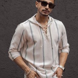 Powerlook Men Collarless Vertical Striped Cotton Casual Shirt-image-98
