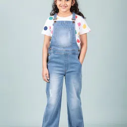 TWEENY MINI Girls Printed Cotton Denim Dungarees With T-Shirt-image-6