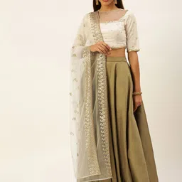 Ethnovog Beige  White Embellished Sequinned Made to Measure Lehenga  Blouse With Dupatta-8