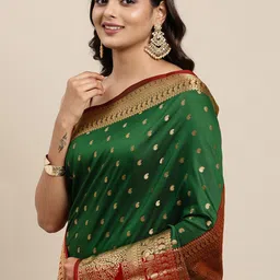 Mitera Green & Gold-Toned Woven Design Zari Silk Cotton Banarasi Saree-image-94