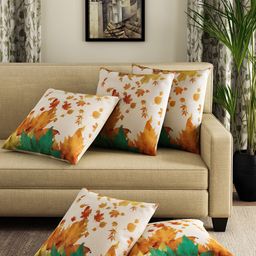 Aura Beige & Orange 5 Pieces Floral Printed Jute Cotton Square Cushion Covers-picture-9