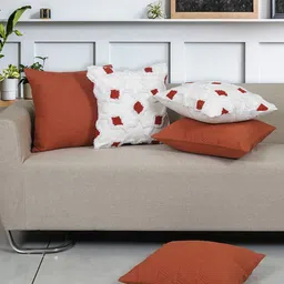 Ode & Cleo White & Rust 5 Pieces Embroidered Pure Cotton Square Cushion Covers-image-47