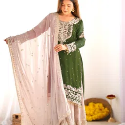 MISS CLOTHING Floral Embroidered Georgette Beads & Stones Kurta With Sharara & Dupatta-picture-25