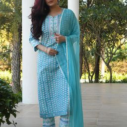 Arayna Ethnic Motifs Printed Pure Cotton Straight Kurta &  Trouser With Dupatta-25