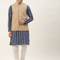 SOJANYA Men Navy Blue Chikankari Embroidered Kurta with Churidar & Nehru Jacket-image-93