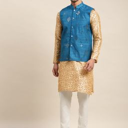 SOJANYA Men Beige Floral Printed Mirror Work Kurta with Churidar & Nehru Jacket-image-78