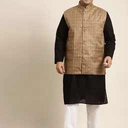 SOJANYA PLUS Men Plus Size Black Pure Cotton Kurta with Churidar Comes With a Nehru Jacket-55
