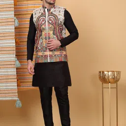 KRAFT INDIA LUXE Mandarin Collar Straight Kurta with Churidar & Printed Nehru Jacket-picture-39