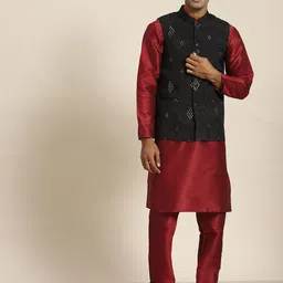 SOJANYA Men Maroon Mirror Work Kurta with Churidar with Nehru Jacket-image-95