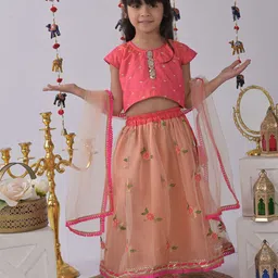 Kinder Kids Girls Peach-Coloured & Pink Printed Ready to Wear Lehenga & Blouse With Dupatta-picture-1