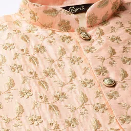 SOJANYA Men Golden & Peach-Coloured Solid Kurta with Churidar & Nehru Jacket image 4