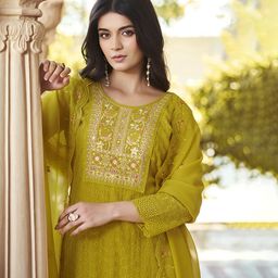 Sangria Embroidered Sequence Mirror Work Schiffli A-Line Kurta With Trouser & Dupatta-11