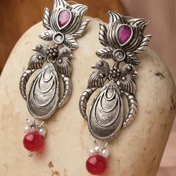 XPNSV Silver-Plated Oxidised Stone Studded & Beaded Drop Earrings-picture-23