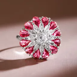 Rubans Rhodium Plated Ruby Pink & White Cubic Zirconia Studded Floral Adjustable Ring image 4