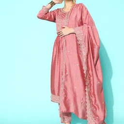 Sangria Floral Embroidered Regular Sequinned Kurta With Trousers & With Dupatta image 3
