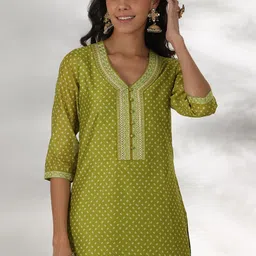 Libas Women Bandhani Printed Regular Sequinned Kurta with Trousers & With Dupatta image 4