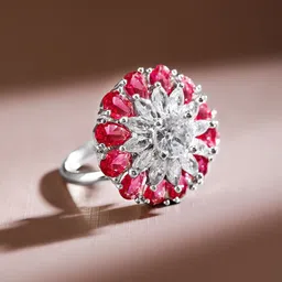 Rubans Rhodium Plated Ruby Pink & White Cubic Zirconia Studded Floral Adjustable Ring image 2