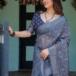 all about you Pure Linen Ethnic motifs printed Zari Block Print Saree image 3