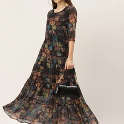 DressBerry Black Abstract Printed Tiered Georgette Fit & Flare Midi Dress-picture-10