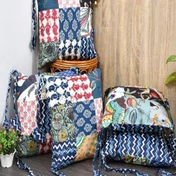 INDHOME LIFE Blue & Red Set of 2 Reversible Tassels Patch Work Cotton Cushion Covers-13