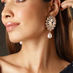 Rubans Gold-Plated Cubic Zirconia Studded Teardrop Shaped Drop Earrings-9