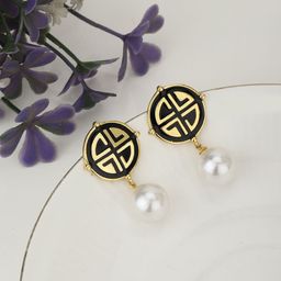Carlton London White & Black Gold-Plated Enamelled Beaded Circular Drop Earrings-image-21