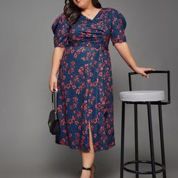 Miss Chase A+ Plus Size Floral Printed V-Neck Puff Sleeves Wrap Midi Dress With Slit-picture-25