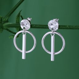 Carlton London Silver Toned Rhodium Plated textured Drop Earrings with dangling Bar-43