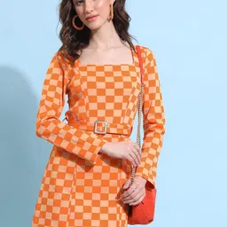 Tokyo Talkies Orange Geometric Printed Square Neck Sheath Dress-13