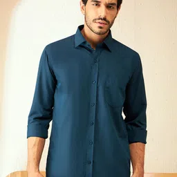 DENNISON Men Teal Blue Classic Regular Fit Solid Formal Shirt-image-1