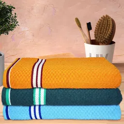 Athom Trendz Living 3Pcs Orange-Colored & Grey Popcorn Textured Pure Cotton Bath Towels-7