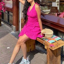 By The Bay Pink Halter Neck Self Design Sleeveless Cotton Dress-picture-16