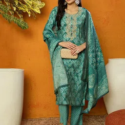 AHIKA Sea Green Ethnic Motifs Embroidered Zari Kurta With Trousers & Dupatta-picture-47