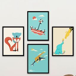 Art Street Set Of 4 Blue & Red Animals Painted Framed Wall Art-36