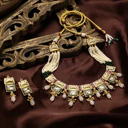 ASMITTA JEWELLERY Gold-Plated Enamelled Kundan-Studded & Pearls-Beaded Jewellery Set-16