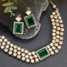 Peora Green & White Kundan Stone Studded Gold-Plated Choker Jewellery Set image 1
