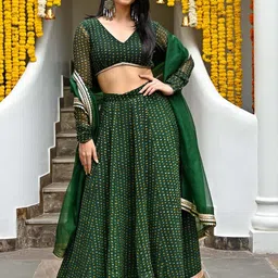 Lavanya The Label Green & Gold-Toned Printed Ready to Wear Lehenga & Blouse With Dupatta image 1