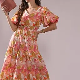 Women Floral Print V-Neck Tiered Dress-image-7