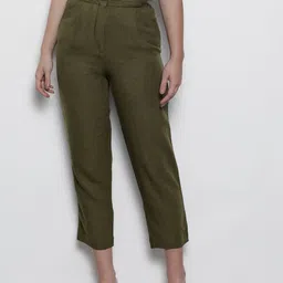 Marks & Spencer Women Olive Green Tapered Fit Solid Regular Cropped Trousers image 1
