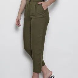 Marks & Spencer Women Olive Green Tapered Fit Solid Regular Cropped Trousers image 2
