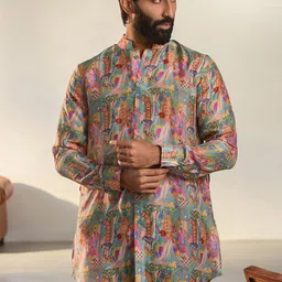 QB MEN Men Floral Printed Regular Pure Silk Kurta with Trousers-image-32